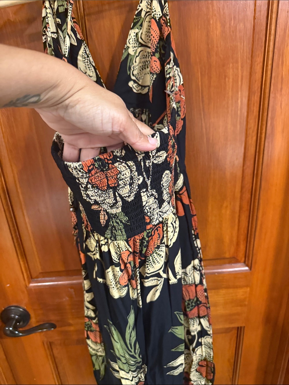 Floral V-Neck Halter Maxi jumpsuit  in Black and Rust - Picture 6 of 10